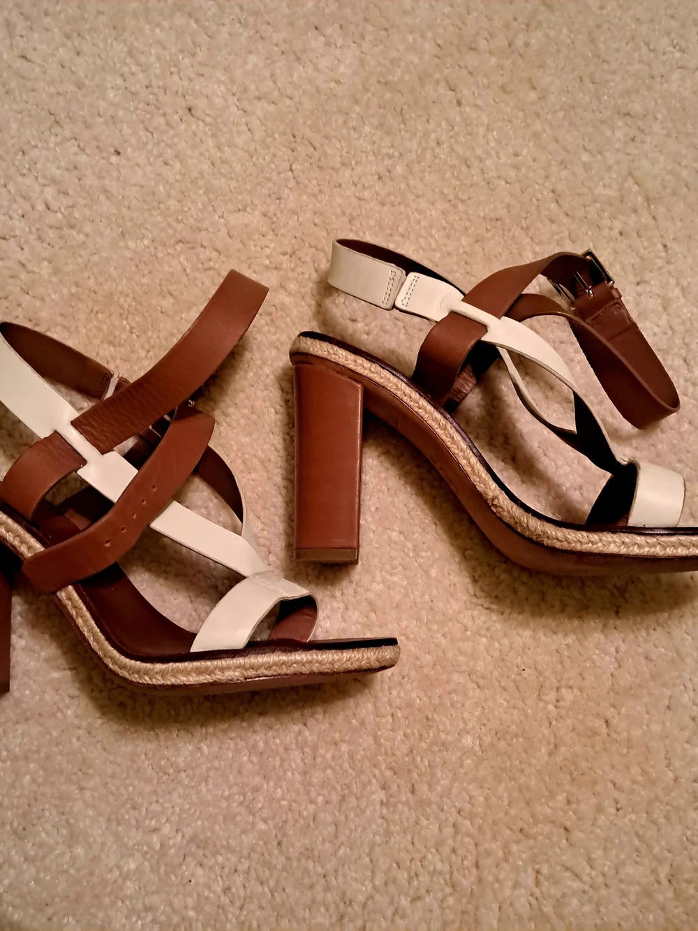 Tory Burch Two-Tone White and Brown Strappy Block Heel Sandal